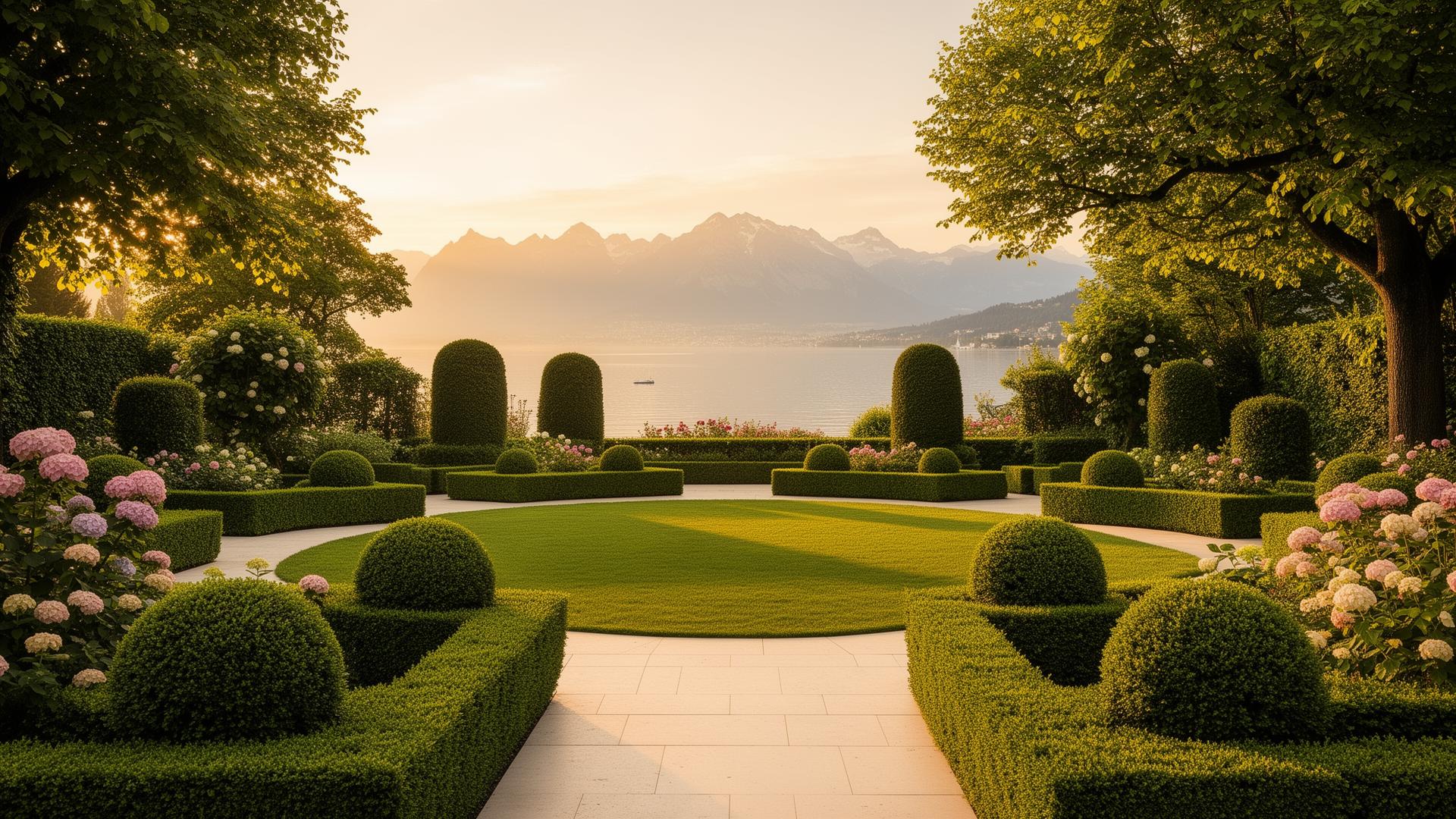Jardin suisse au coucher du soleil